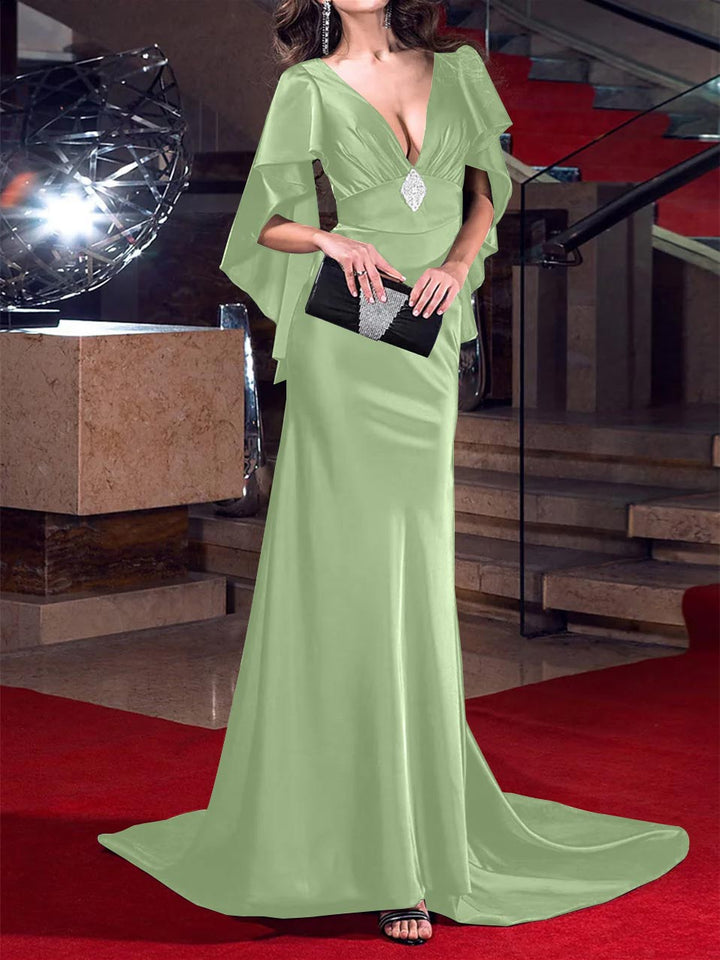 Robe de Soirée Sirène/Trompette à Décolleté Plongeant et Traîne Courte avec Cristaux