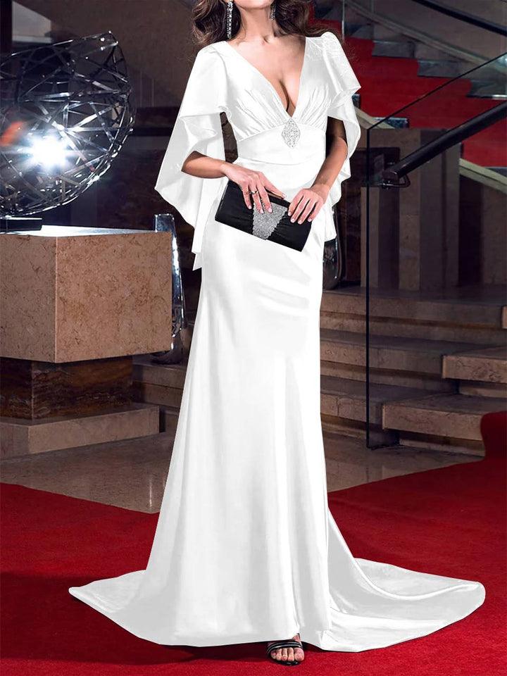 Robe de Soirée Sirène/Trompette à Décolleté Plongeant et Traîne Courte avec Cristaux