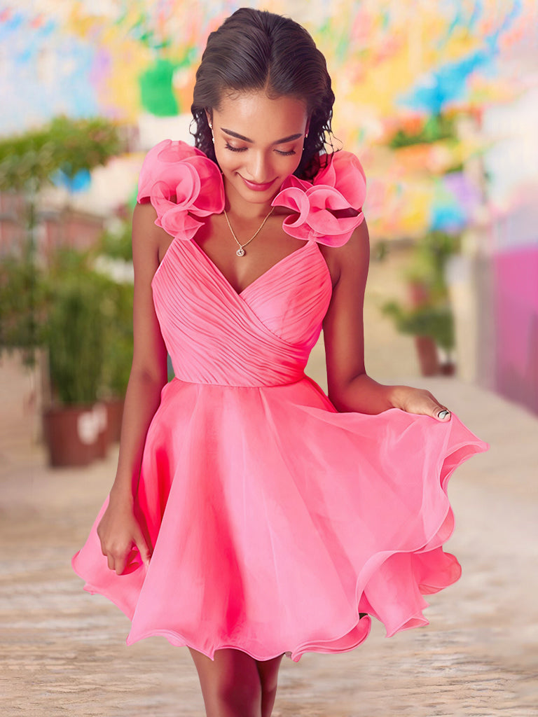 Robe de Soirée Courte/Mini, Coupe A-Line/Princesse, Col en V, Sans Manches, avec Bords à Volants et Plis, pour Cocktail, Soirée, Bal