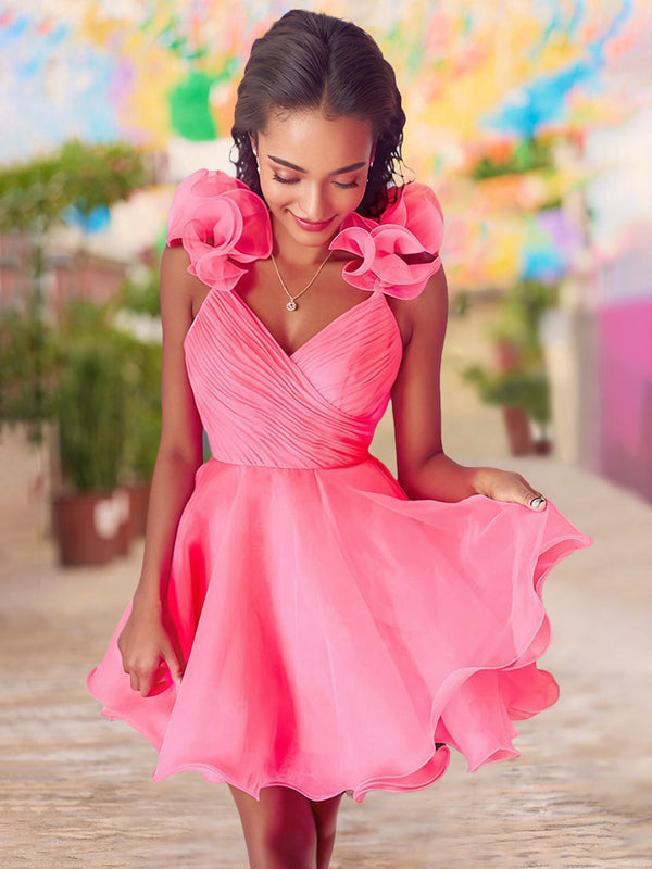 Robe de Soirée Courte/Mini, Coupe A-Line/Princesse, Col en V, Sans Manches, avec Bords à Volants et Plis, pour Cocktail, Soirée, Bal