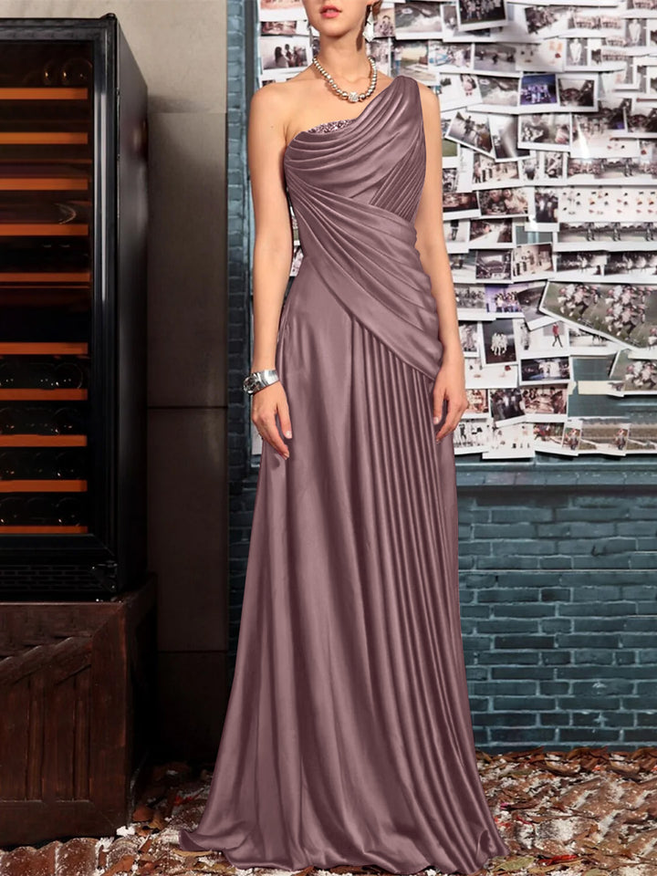 Robe Fourreau Asymétrique Sans Manches, Longueur Au Sol, pour Mère de la Mariée, avec Plis et Cristaux Drapés
