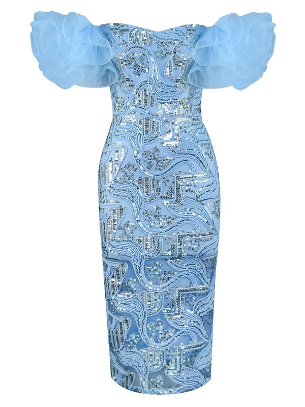 Robe de Cocktail Fourreau/Colonne à Épaules Dénudées Sans Manches, Longueur Thé, avec Paillettes