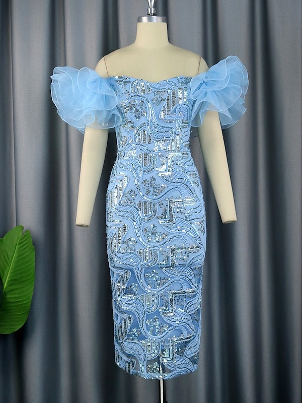 Robe de Cocktail Fourreau/Colonne à Épaules Dénudées Sans Manches, Longueur Thé, avec Paillettes