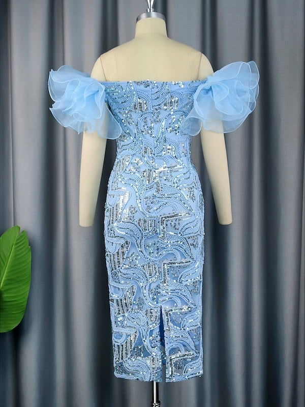 Robe de Cocktail Fourreau/Colonne à Épaules Dénudées Sans Manches, Longueur Thé, avec Paillettes
