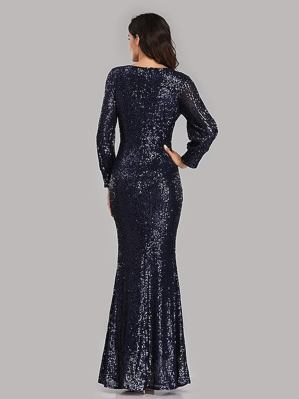 Robe de Cocktail Sirène/Trompette à Col en V et Manches Longues avec Paillettes