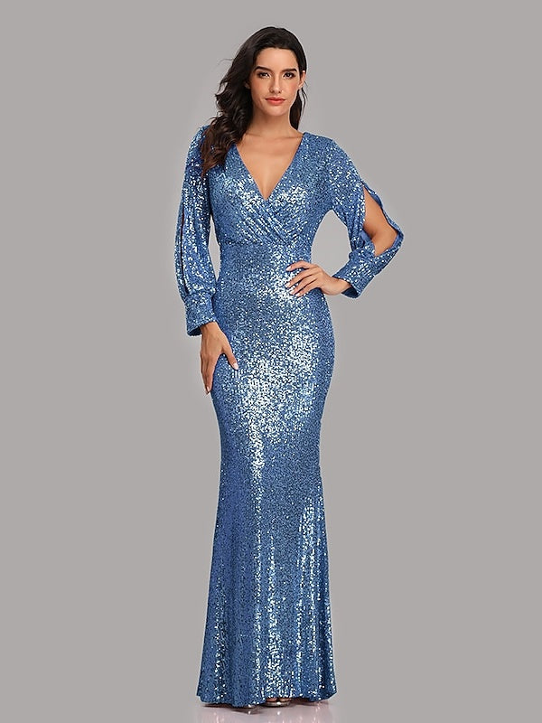 Robe de Cocktail Sirène/Trompette à Col en V et Manches Longues avec Paillettes