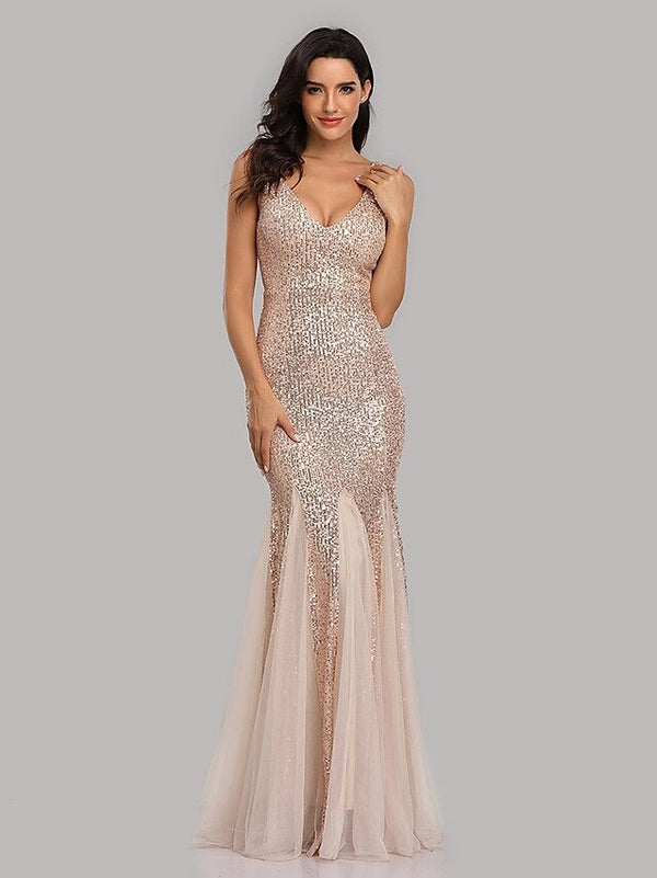 Robe de Cocktail Sirène/Trompette à Col en V Sans Manches et Longueur Au Sol avec Paillettes