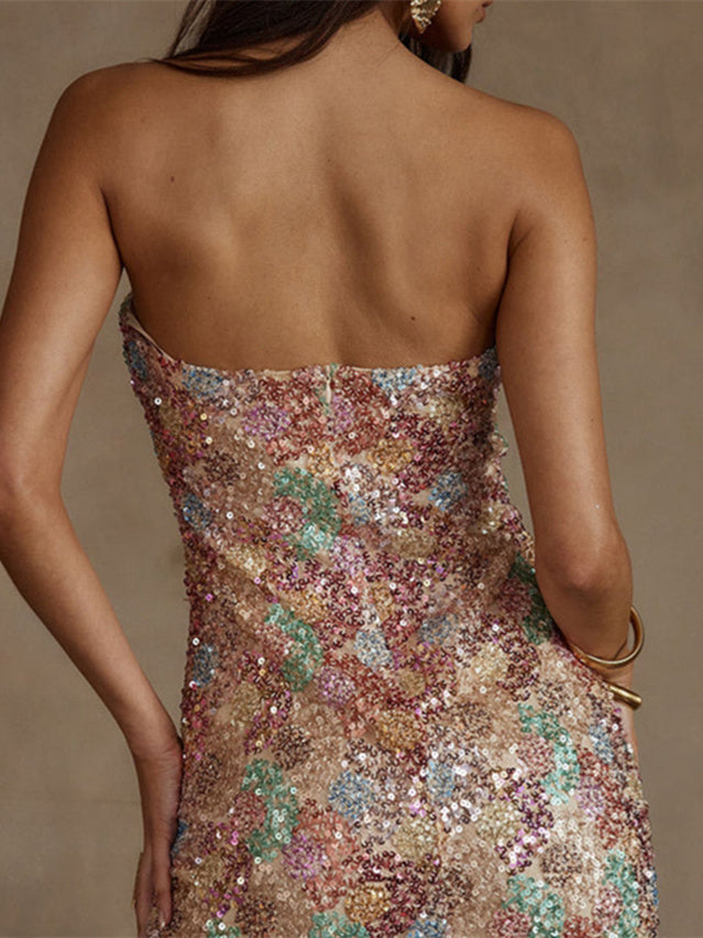 Robe de Soirée Courte/Mini Sans Manches, Fourreau/Colonne, Sans Bretelles, avec Paillettes