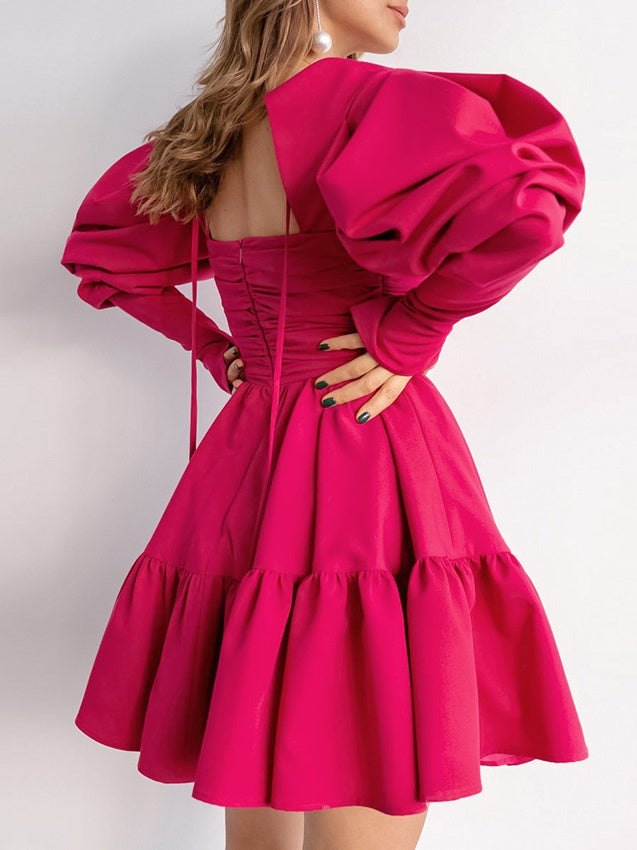 Robe de Soirée Courte/Mini à Manches Longues et Col Carré, Coupe Trapèze/Princesse, pour Cocktail, Bal, Soirée