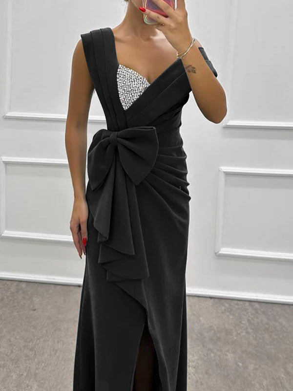 Robe de Mère de la Mariée Fourreau/Colonne à Traîne Courte Sans Manches en Satin Élastique avec Nœud(S)