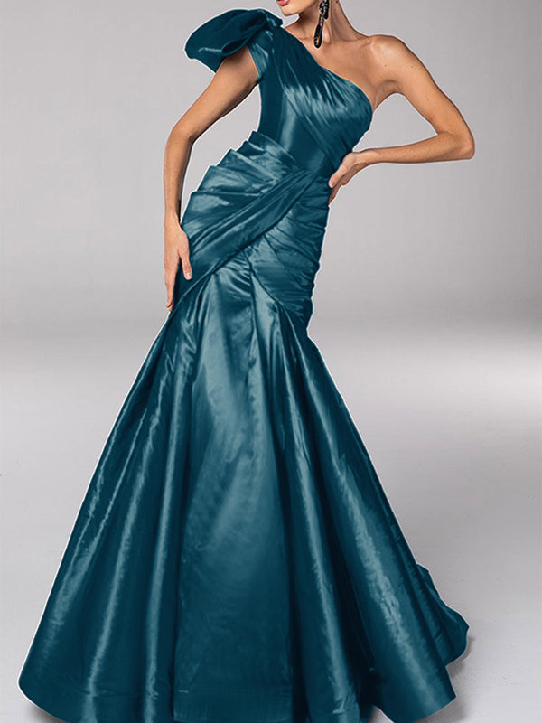 Robe de Soirée Sirène/Trompette à Une Épaule Sans Manches avec Traîne en Satin et Nœud(S)