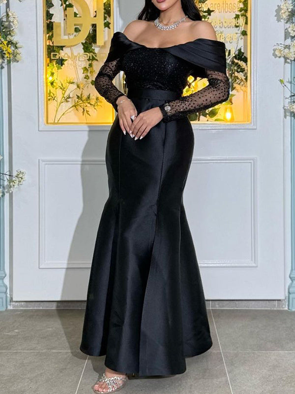 Robe de Soirée Sirène/Trompette à Épaules Dénudées et Manches Longues en Satin à Paillettes et Fente Haute