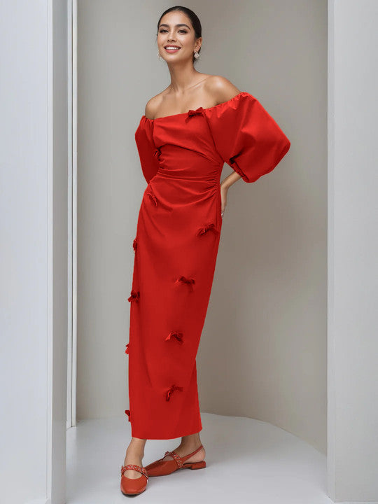 Robe Fourreau/Colonne Sans Bretelles, Manches Longues, Longueur Cheville, Soirée, Danse, Cocktail, Retour à la Maison, avec Mini-Nœud(S)