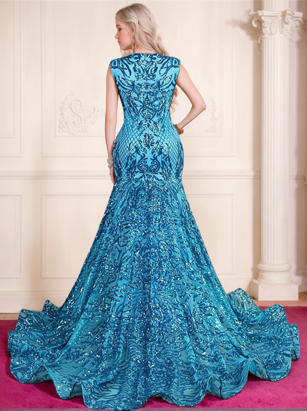 Robe de Soirée Sirène à Paillettes et Col en V Sans Manches