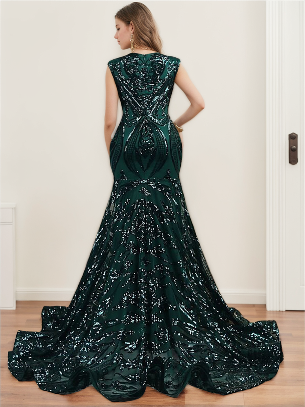 Robe de Soirée Sirène/Trompette à Paillettes et Col en V Sans Manches