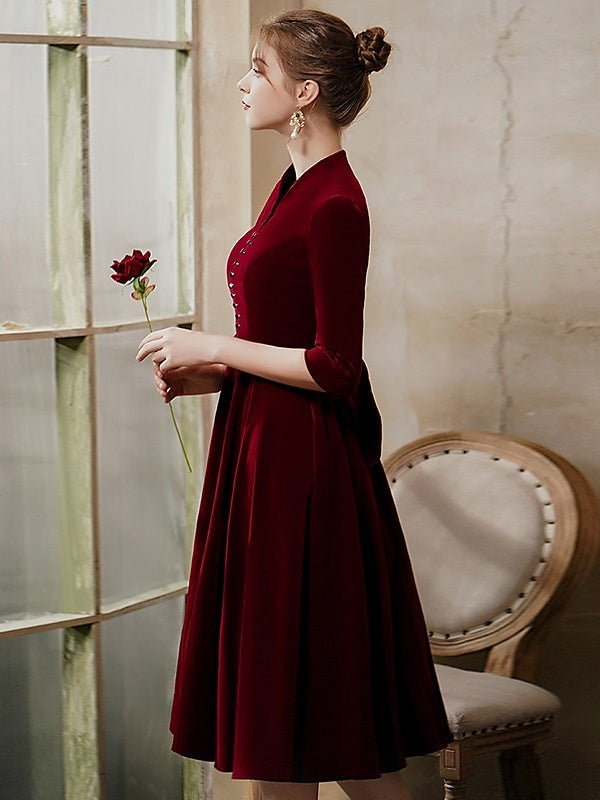 Robe Trapèze/Princesse Col V Bordeaux Élégante