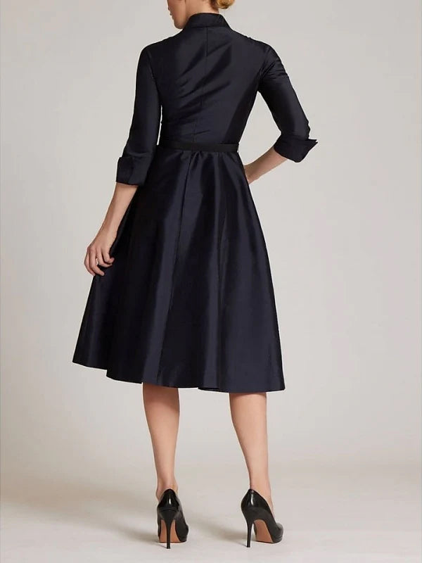 Robe de Cocktail Coupe A-Line/Princess à Col Chemise, Manches 3/4, Longueur Genou, avec Nœud(S) et Fente