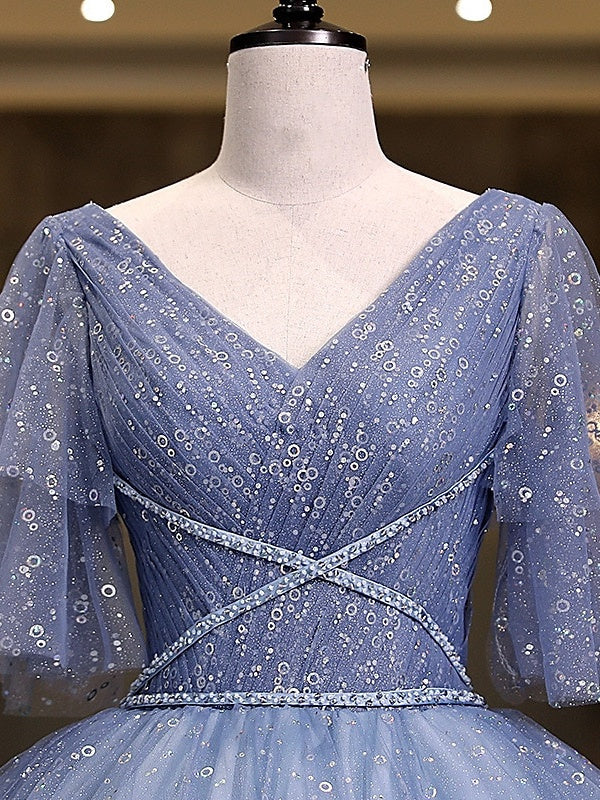 Robe de Bal Longue à Col en V et Manches Courtes avec Paillettes