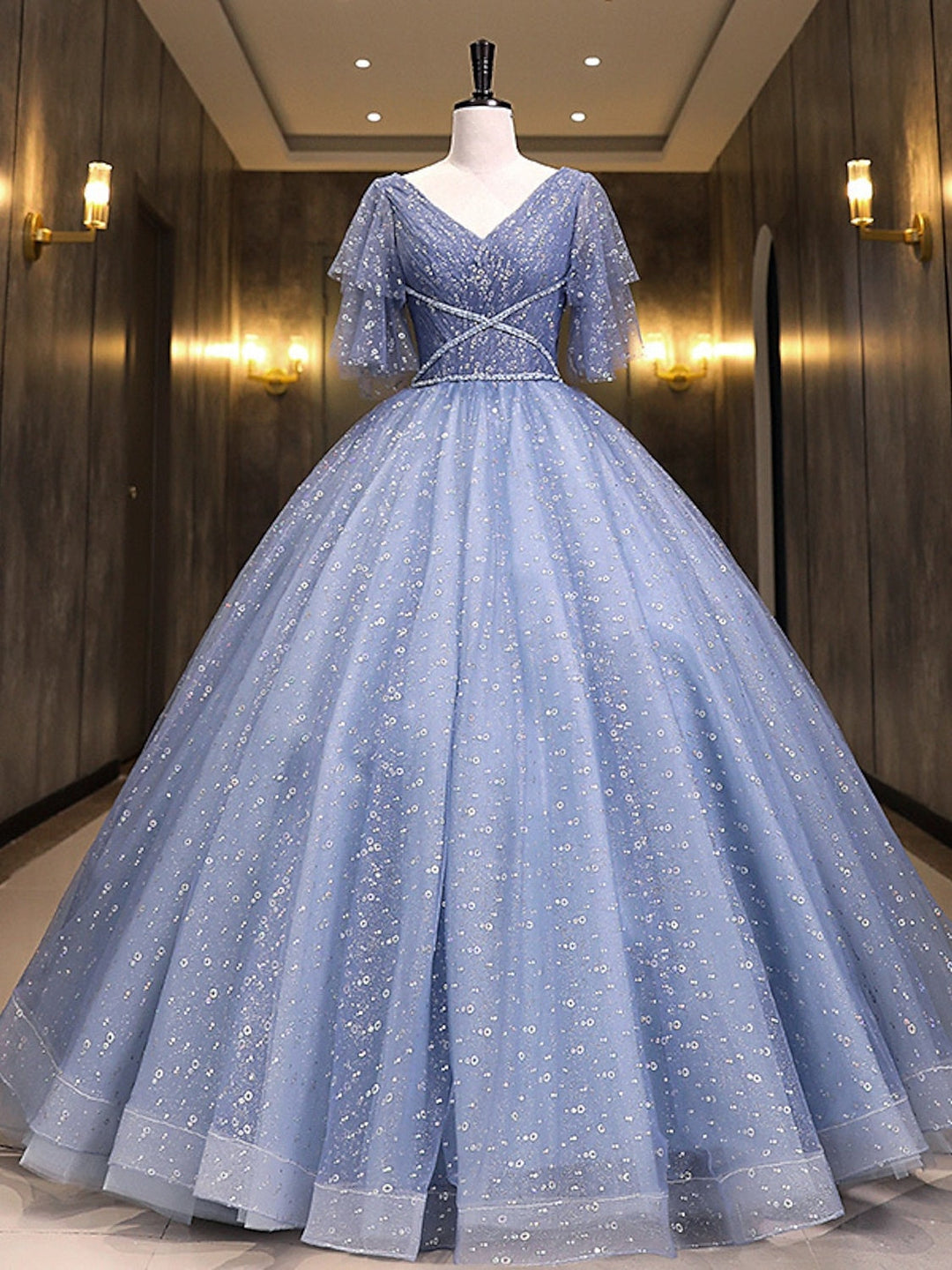 Robe de Bal Longue à Col en V et Manches Courtes avec Paillettes