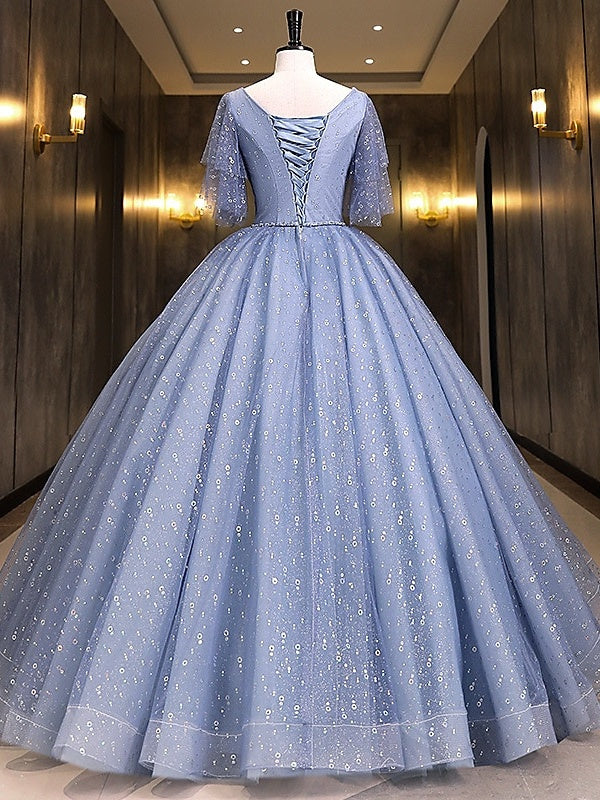 Robe de Bal Longue à Col en V et Manches Courtes avec Paillettes