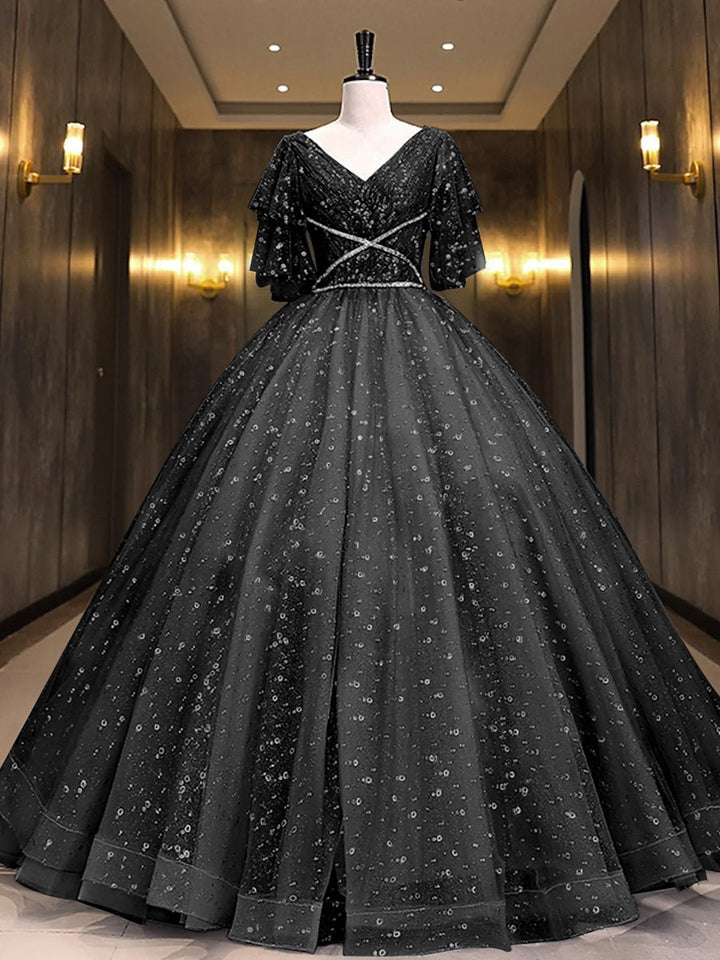 Robe de Bal Longue à Col en V et Manches Courtes avec Paillettes