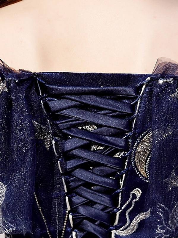 Robe de Bal Longue Trapèze/Princesse à Épaules Dénudées et Manches Courtes, Longueur Au Sol, avec Volants et Broderies