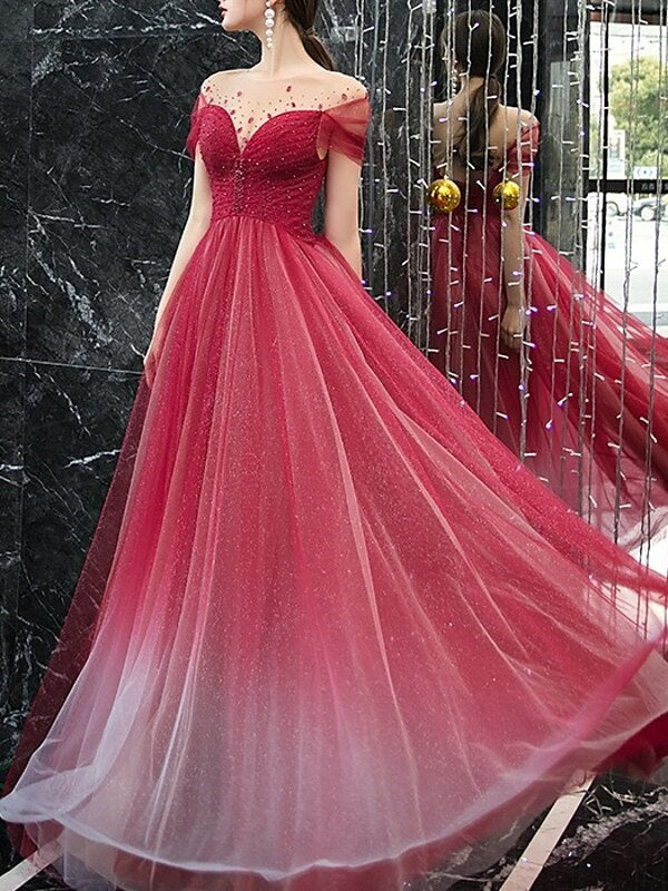 Robe de Soirée Fourreau/Colonne à Col Bijou, Manches Courtes, Longueur Au Sol, avec Plis et Paillettes