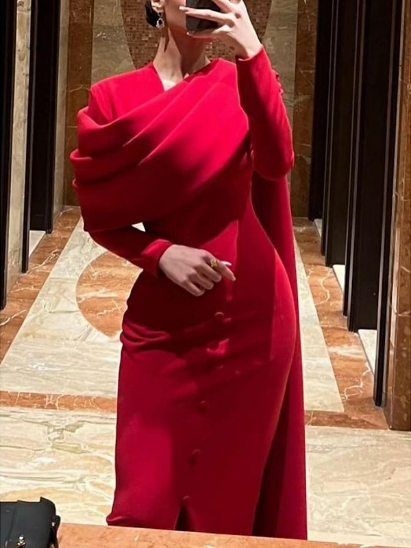 Robe de Soirée Fourreau/Colonne à Col Bénitier, Manches Longues, Longueur Au Sol, avec Boutons et Fente Sur le Côté