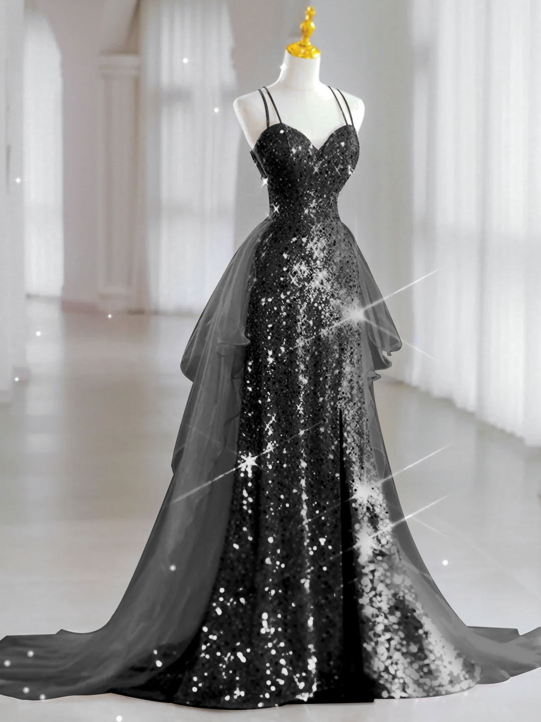 Robe de Soirée Trapèze/Princesse Sans Manches à Décolleté en Cœur et Longueur Au Sol avec Paillettes