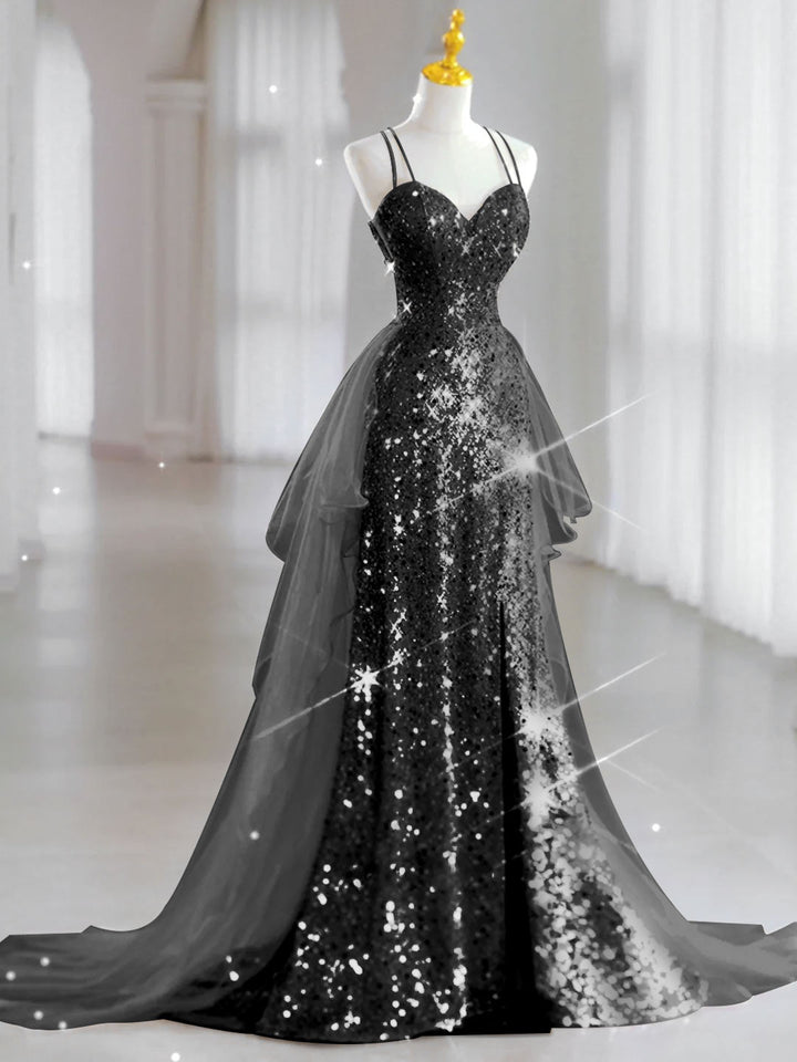 Robe de Soirée Trapèze/Princesse Sans Manches à Décolleté en Cœur et Longueur Au Sol avec Paillettes