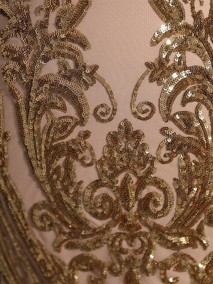 Robe de Soirée Sirène à Col en V et Manches Longues avec Paillettes