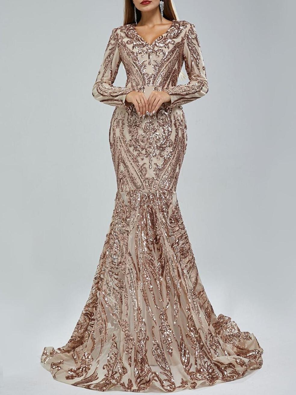 Robe de Soirée Sirène à Col en V et Manches Longues avec Paillettes