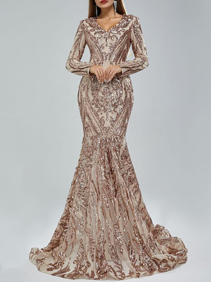 Robe de Soirée Sirène à Col en V et Manches Longues avec Paillettes