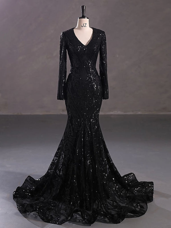 Robe de Soirée Sirène à Col en V et Manches Longues avec Paillettes