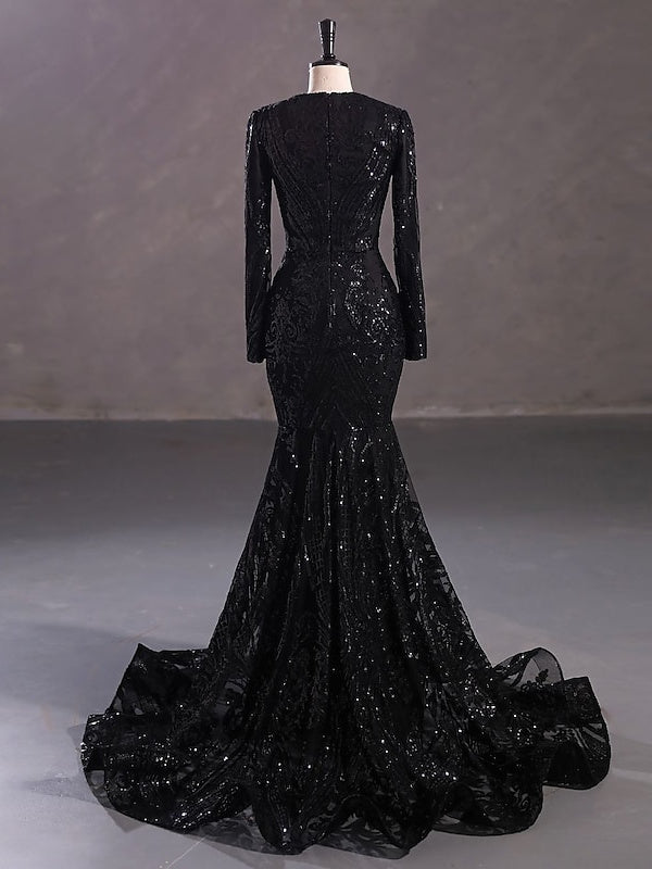 Robe de Soirée Sirène à Col en V et Manches Longues avec Paillettes