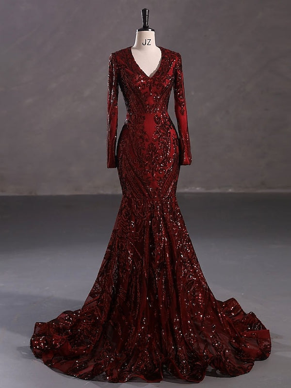 Robe de Soirée Sirène à Col en V et Manches Longues avec Paillettes