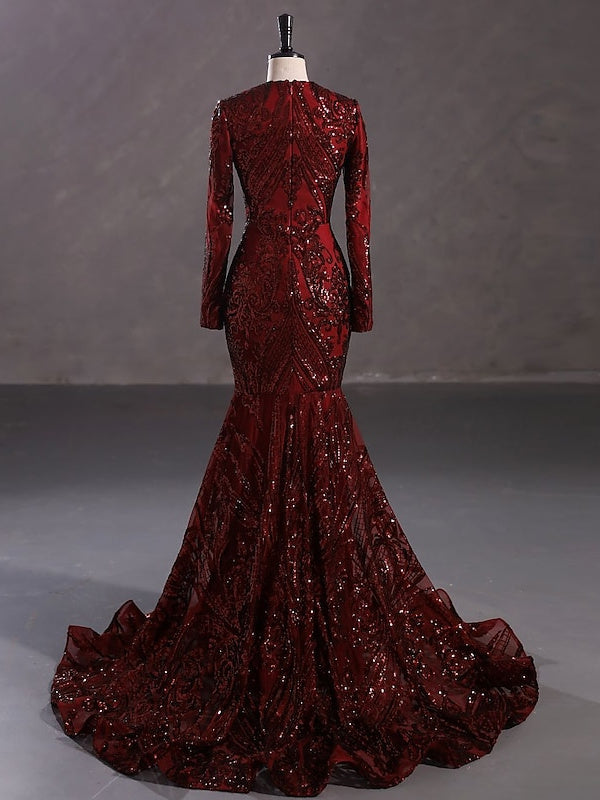 Robe de Soirée Sirène à Col en V et Manches Longues avec Paillettes