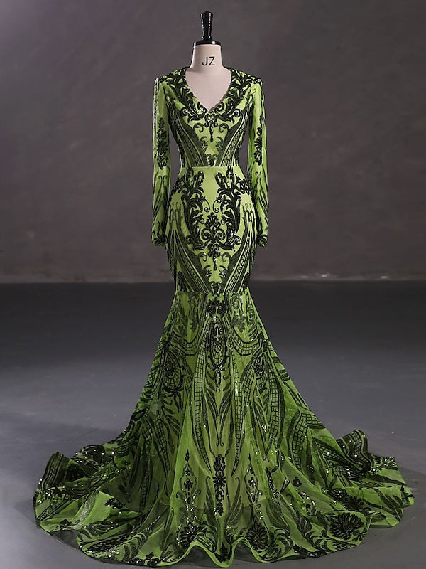 Robe de Soirée Sirène à Col en V et Manches Longues avec Paillettes