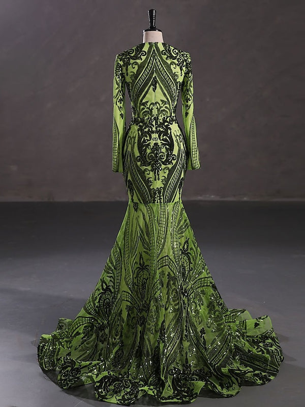 Robe de Soirée Sirène à Col en V et Manches Longues avec Paillettes