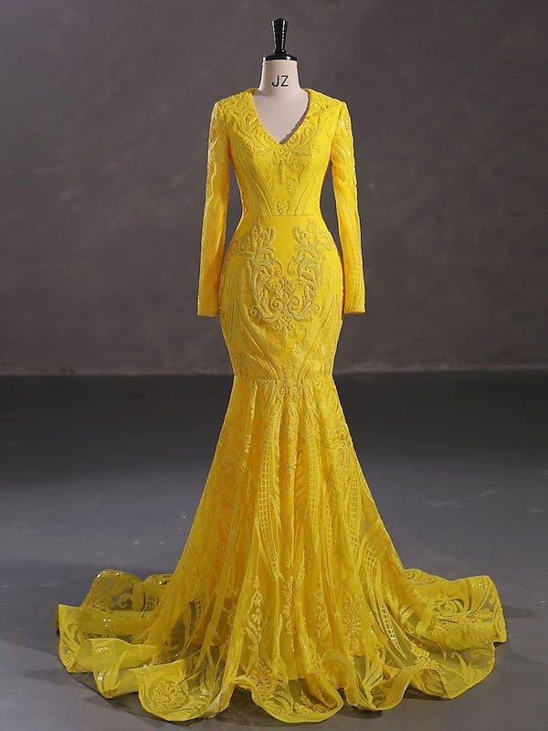 Robe de Soirée Sirène à Col en V et Manches Longues avec Paillettes