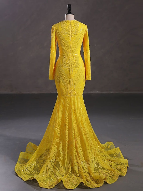 Robe de Soirée Sirène à Col en V et Manches Longues avec Paillettes