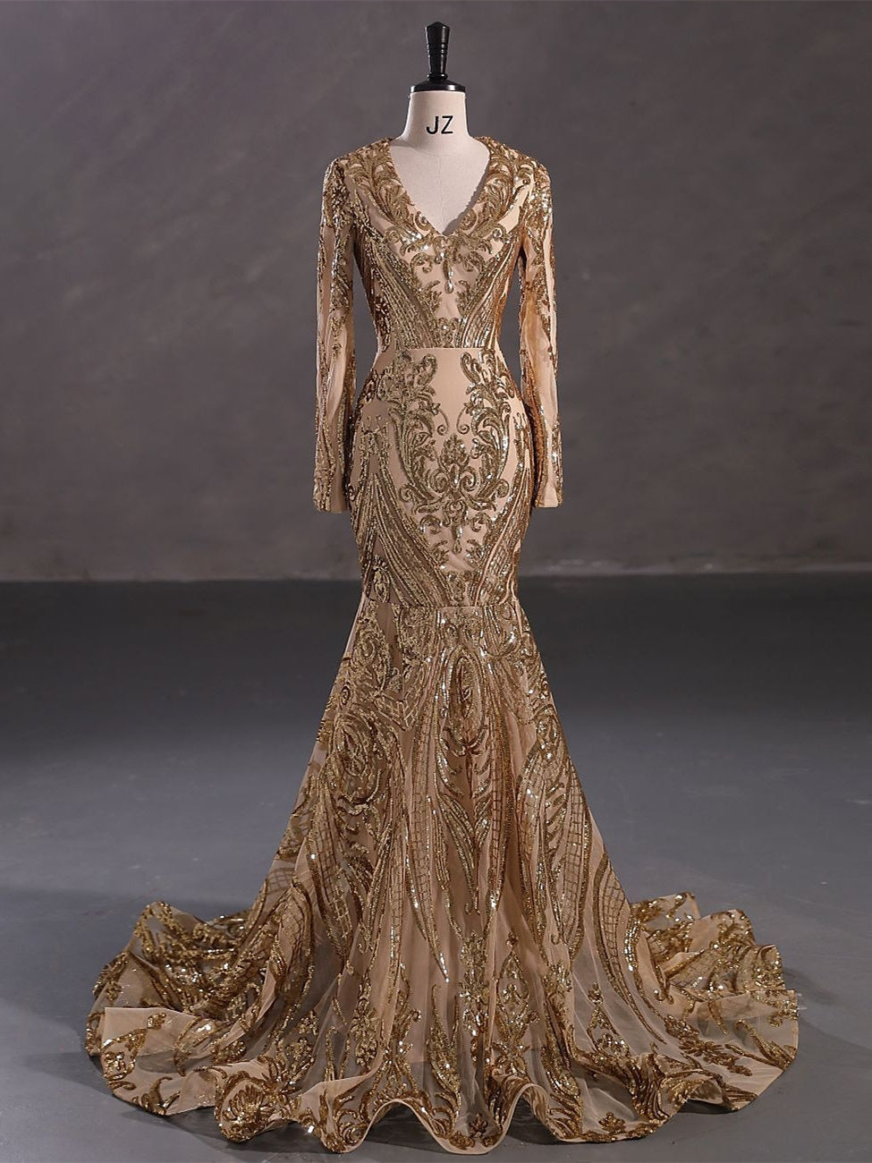Robe de Soirée Sirène à Col en V et Manches Longues avec Paillettes
