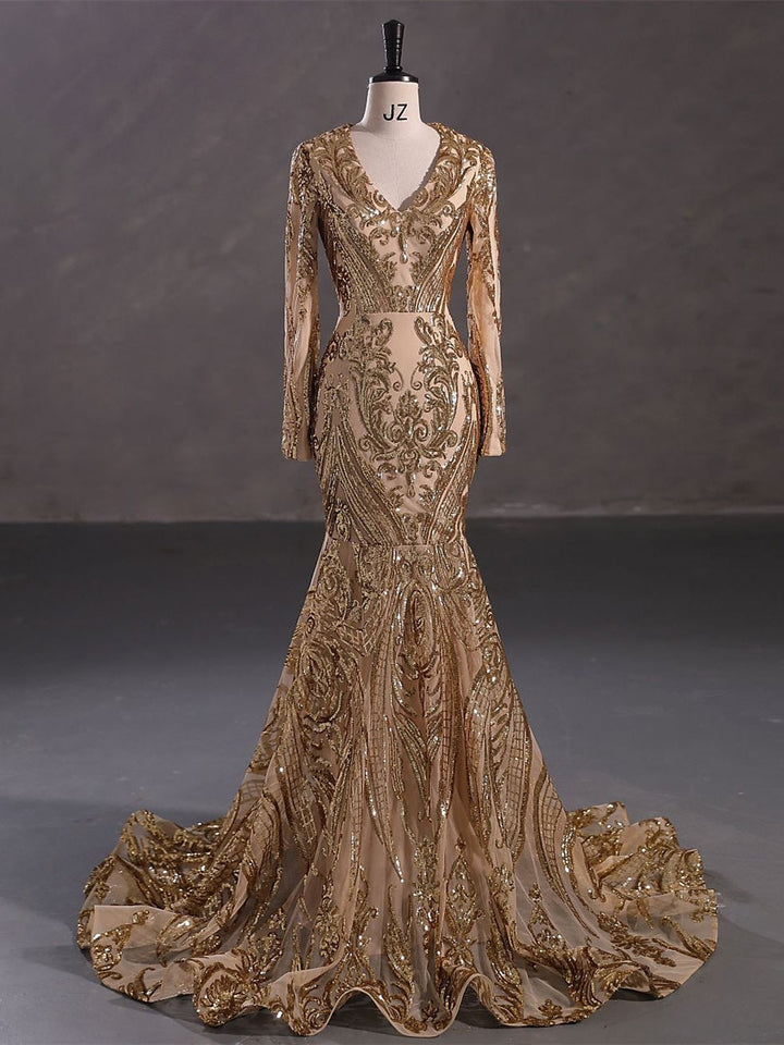 Robe de Soirée Sirène à Col en V et Manches Longues avec Paillettes