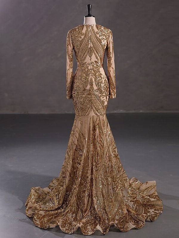 Robe de Soirée Sirène à Col en V et Manches Longues avec Paillettes