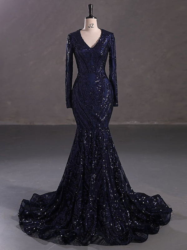 Robe de Soirée Sirène à Col en V et Manches Longues avec Paillettes