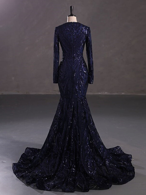 Robe de Soirée Sirène à Col en V et Manches Longues avec Paillettes