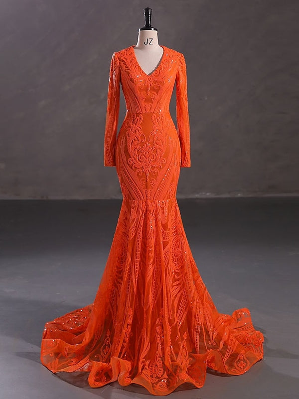 Robe de Soirée Sirène à Col en V et Manches Longues avec Paillettes