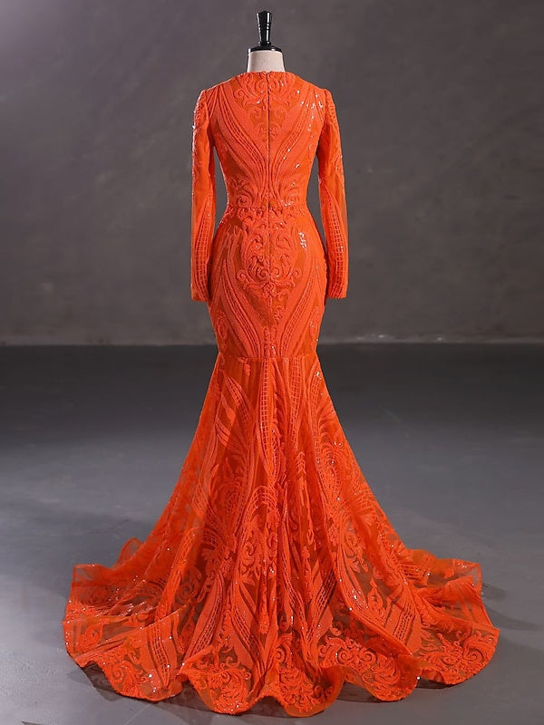 Robe de Soirée Sirène à Col en V et Manches Longues avec Paillettes