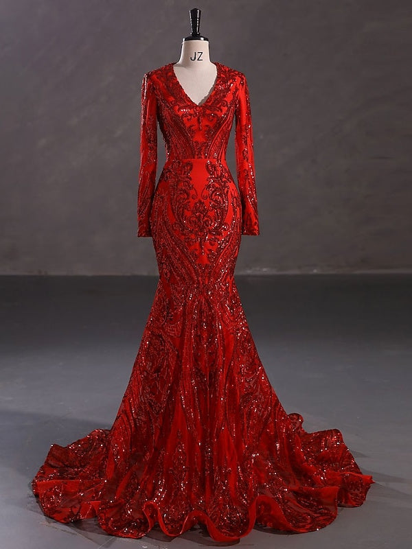 Robe de Soirée Sirène à Col en V et Manches Longues avec Paillettes