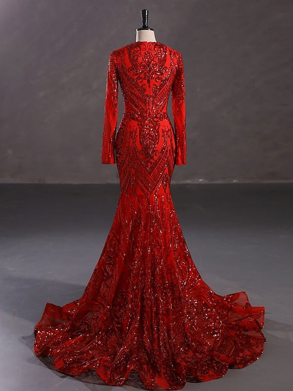 Robe de Soirée Sirène à Col en V et Manches Longues avec Paillettes